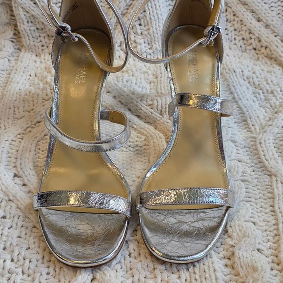 Michael Kors Women Koda Leather Logo Strappy High Heel Sandals Size 7M Silver - Picture 3 of 8